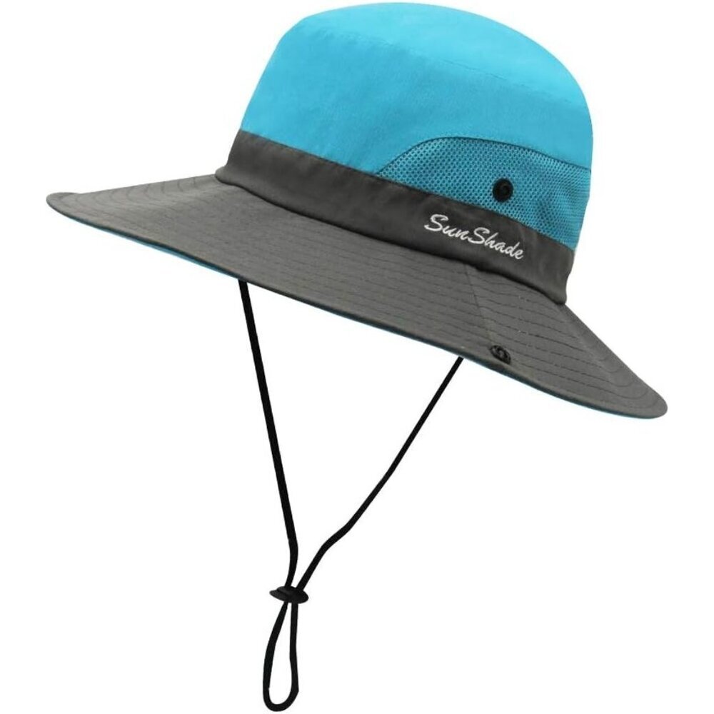 Unisex Blue & Gray Polyester Wide Brim Mesh Vent Chin Strap Classic Cowboy Hat